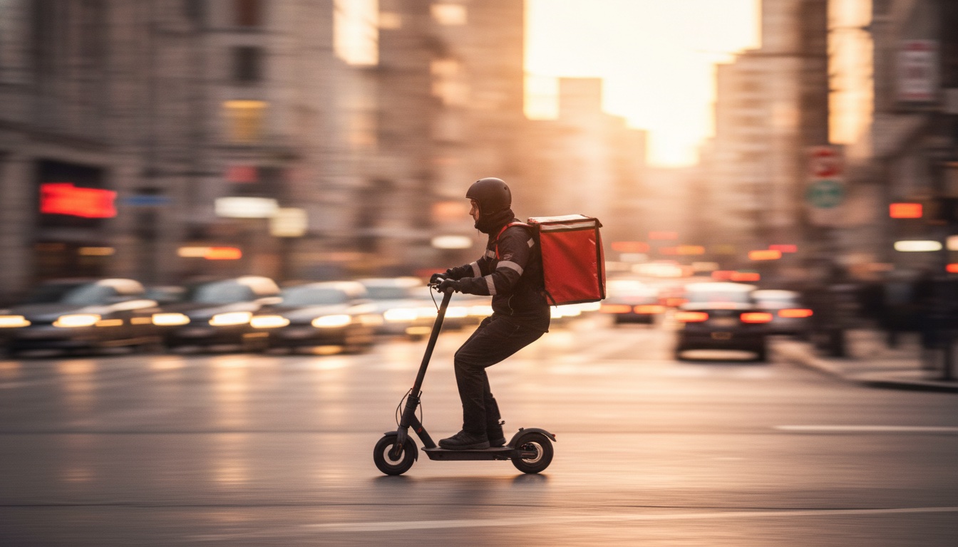 A food delivery rider on an electric scooter carrying an insulated delivery bag through a city street at dusk