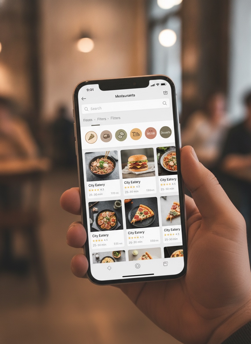 Close-up of a smartphone screen showing a multi-restaurant food delivery marketplace app with a scrollable grid of restaurant listings