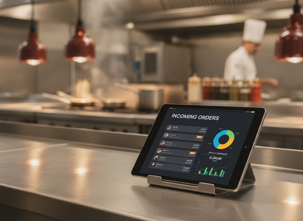 A restaurant kitchen counter with a tablet displaying a restaurant-partner order management dashboard with incoming orders and a payout summary