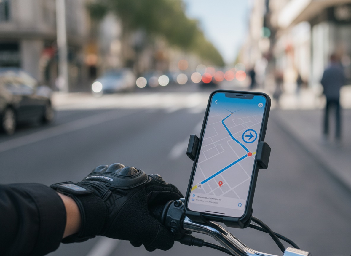 Close-up of a delivery rider's smartphone mounted on a scooter handlebar showing a live AI-optimized navigation route