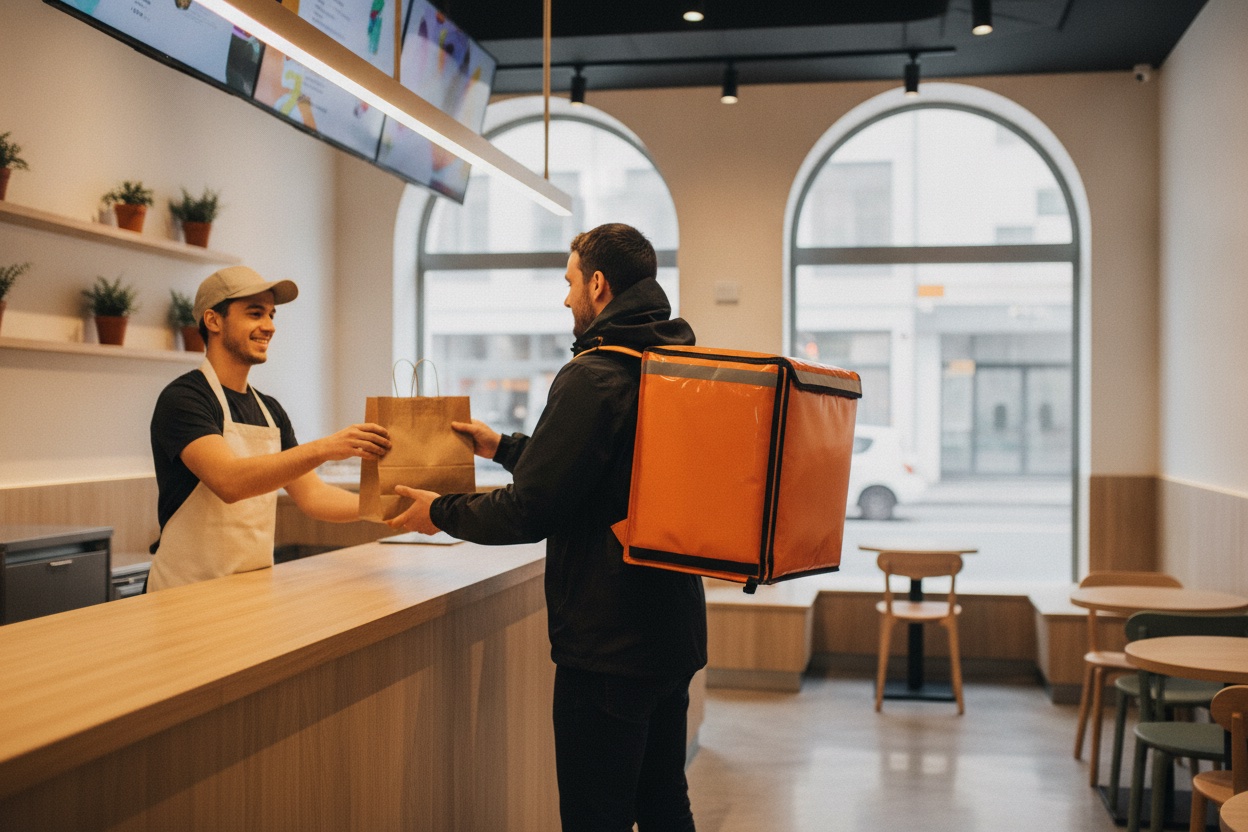 A food delivery rider picking up a bagged order from a restaurant staff member at a quick-service restaurant counter