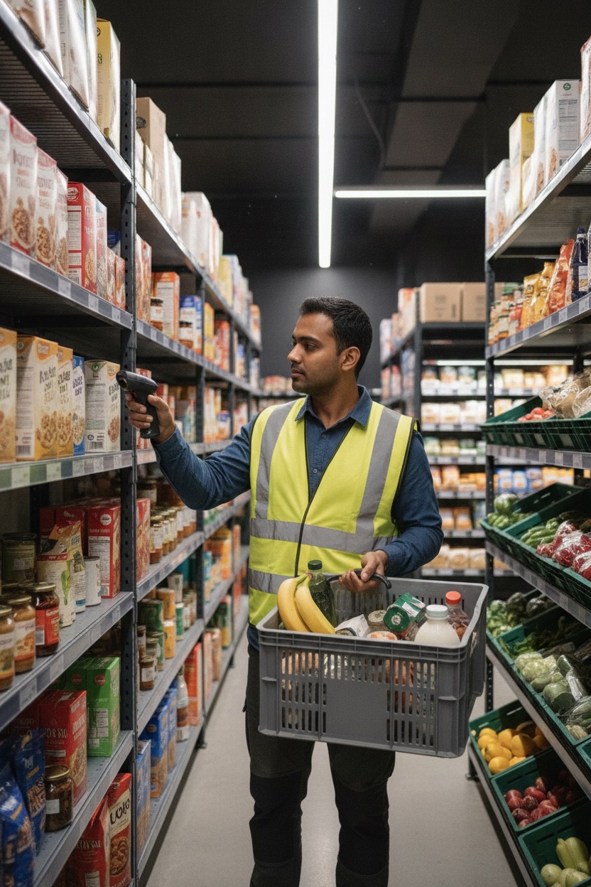 Warehouse picker in a high-visibility vest scanning a barcode while fulfilling a grocery order in a micro-fulfillment dark-store aisle