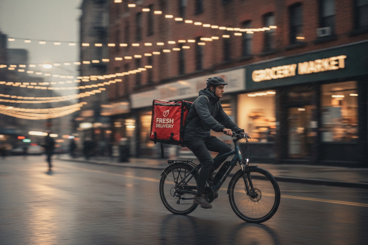 Delivery rider on an e-bike with an insulated delivery bag riding through a city street at dusk delivering groceries
