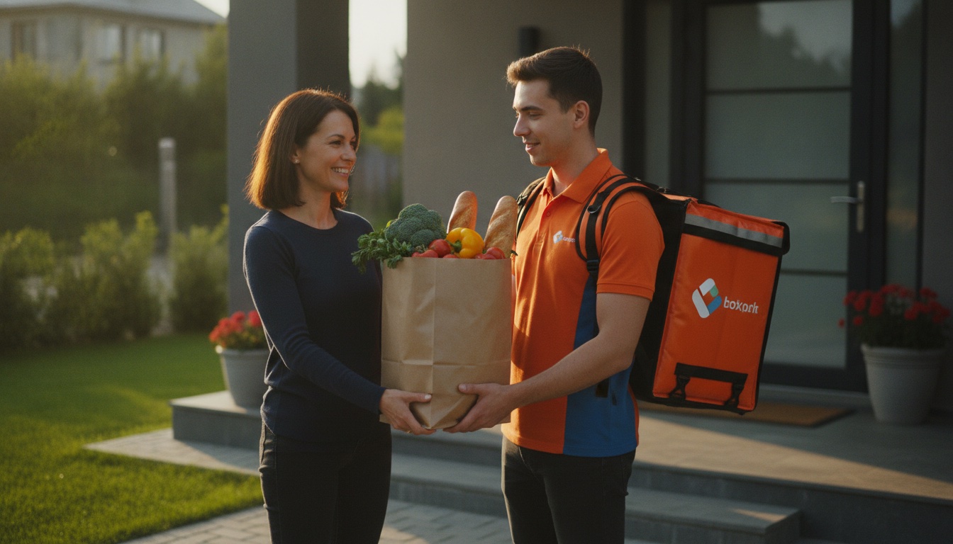 Delivery courier handing a bag of fresh groceries to a customer at their front door in the evening light, representing on-demand grocery delivery