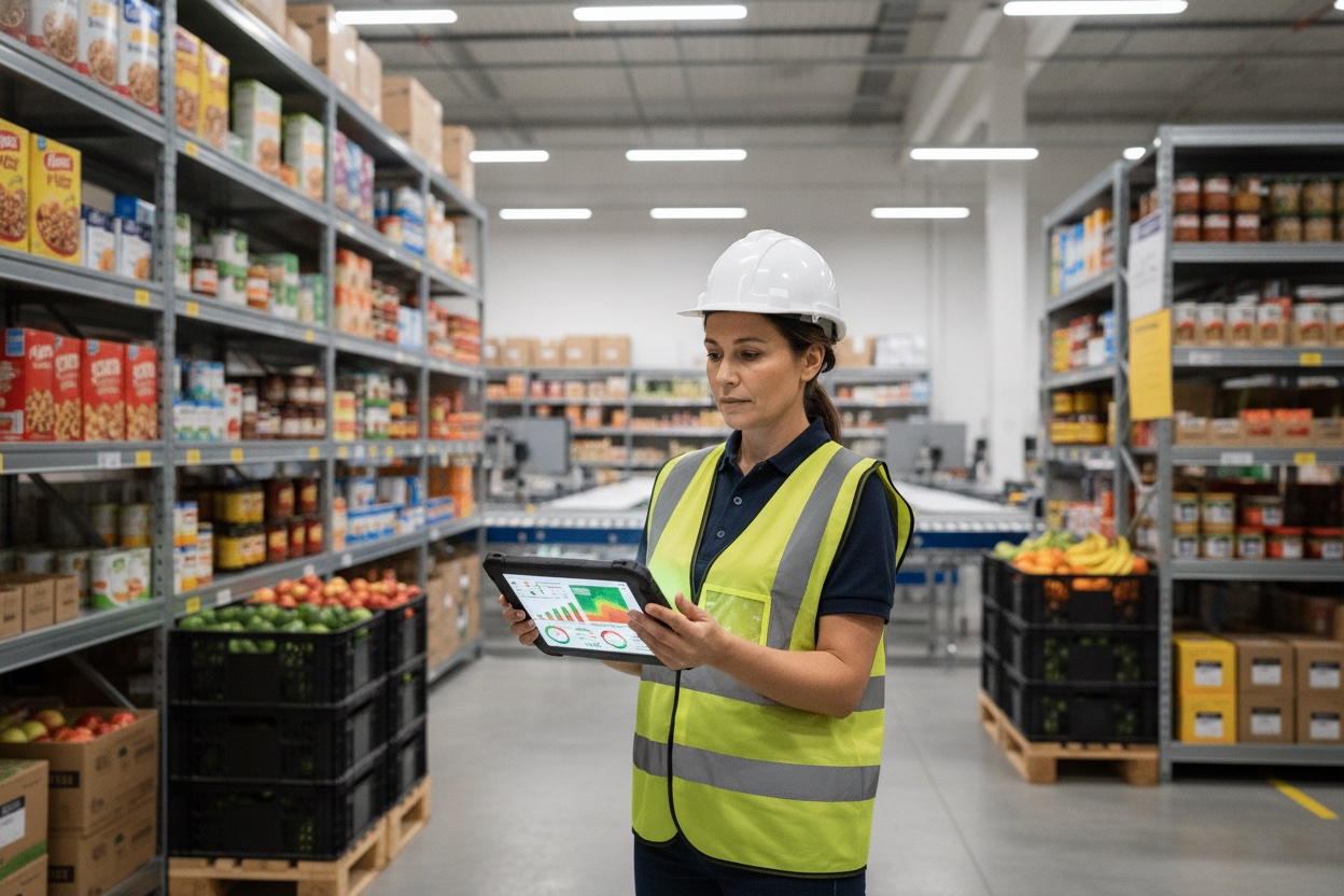 Operations manager reviewing a real-time grocery inventory and dark-store management dashboard on a tablet inside a micro-fulfillment center