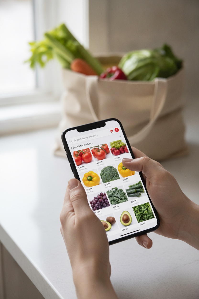 Close-up of a person holding a smartphone showing a grocery delivery app product catalog and shopping cart, with a bag of fresh vegetables on the counter