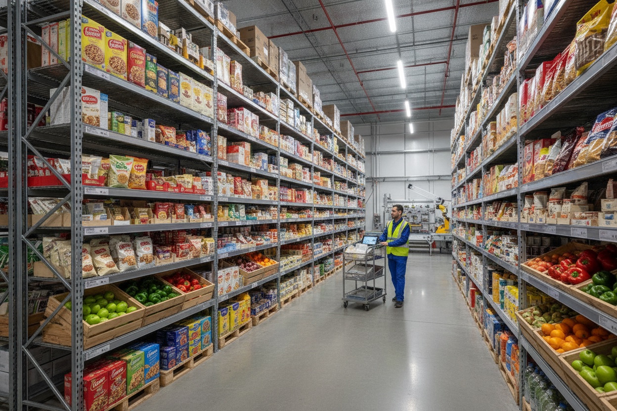 Wide interior view of an organized grocery dark-store micro-fulfillment warehouse with tall shelving and produce crates