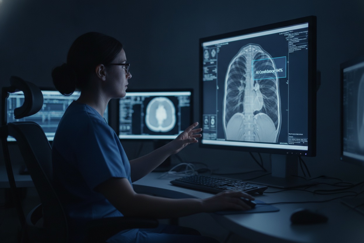 A radiologist reviewing a medical imaging scan with an AI-assisted diagnostic overlay highlighting a region of interest