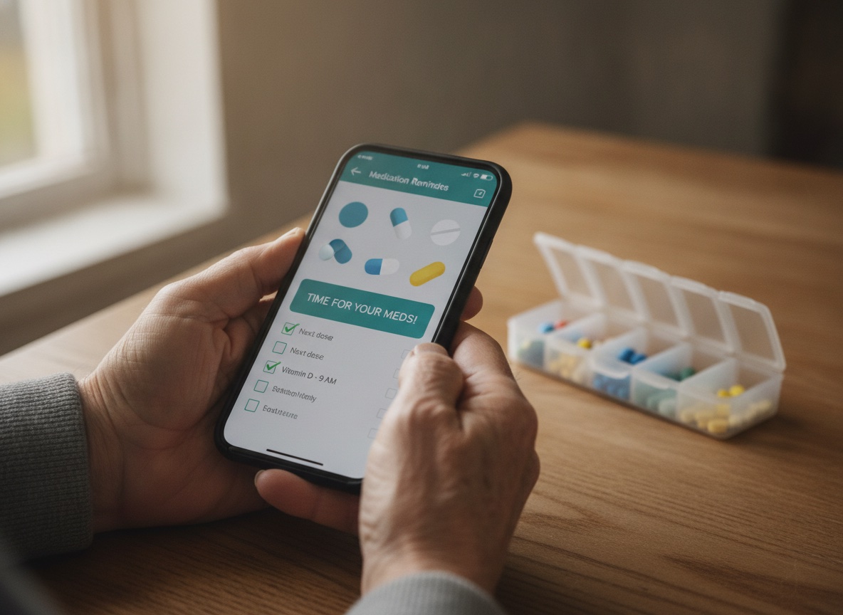 An elderly person's hands holding a smartphone displaying a medication reminder and adherence app