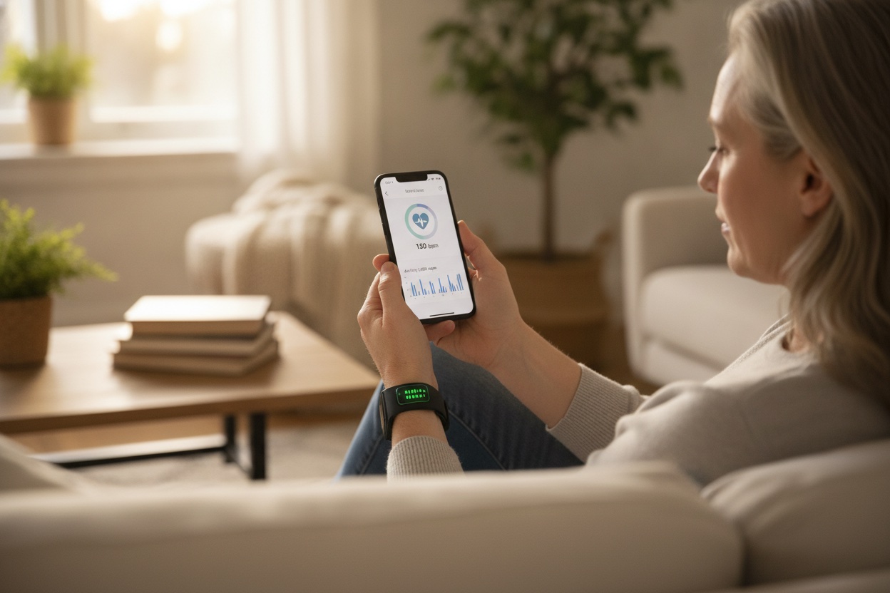 A person at home checking health metrics on a smartphone app synced with a wrist-worn medical monitoring wearable