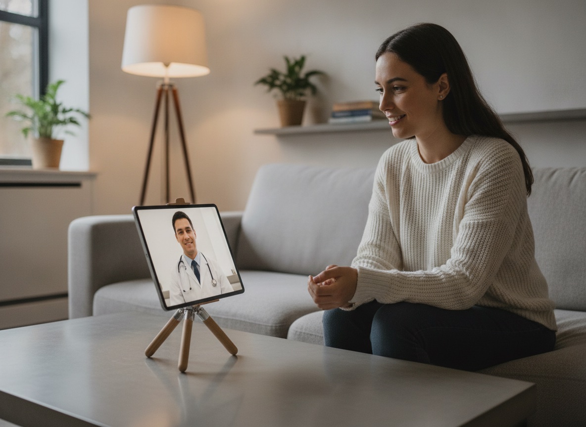A patient at home having a video telehealth consultation with a doctor on a tablet