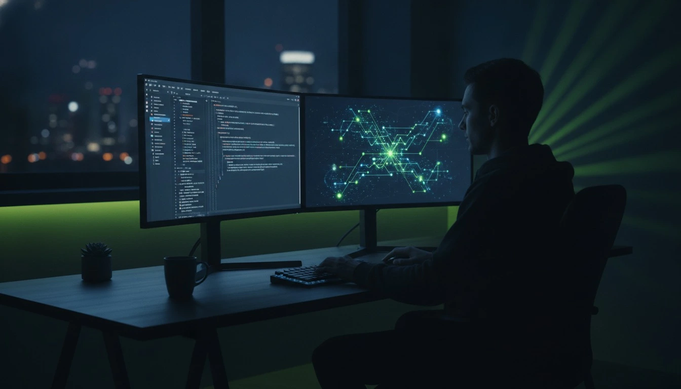 AI developer building a machine learning pipeline on dual monitors, glowing neural network diagram overlay