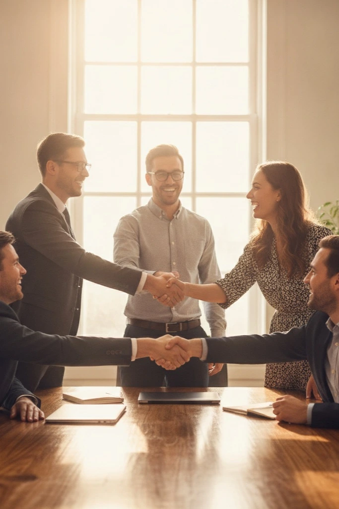 Client and development team shaking hands after a successful project kickoff