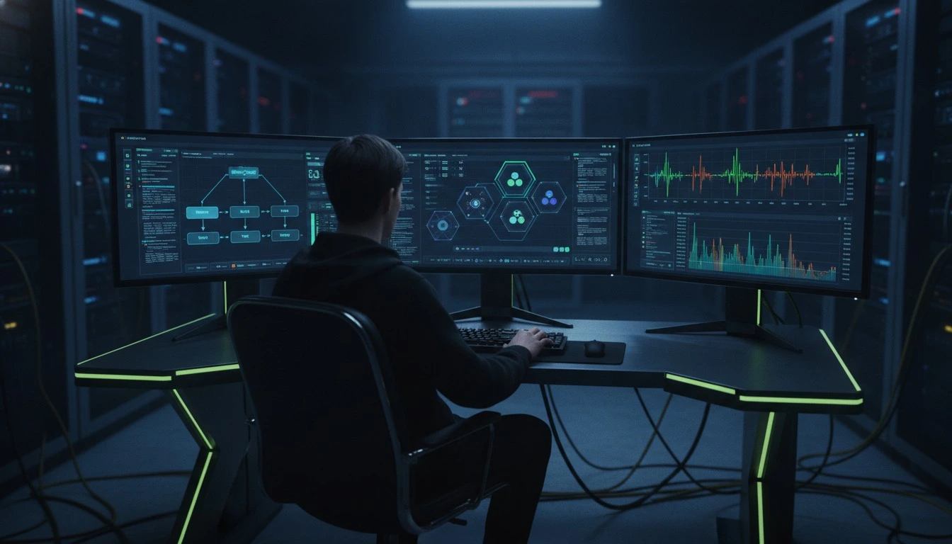 DevOps engineer monitoring a Kubernetes cluster dashboard and CI/CD pipeline on multiple screens