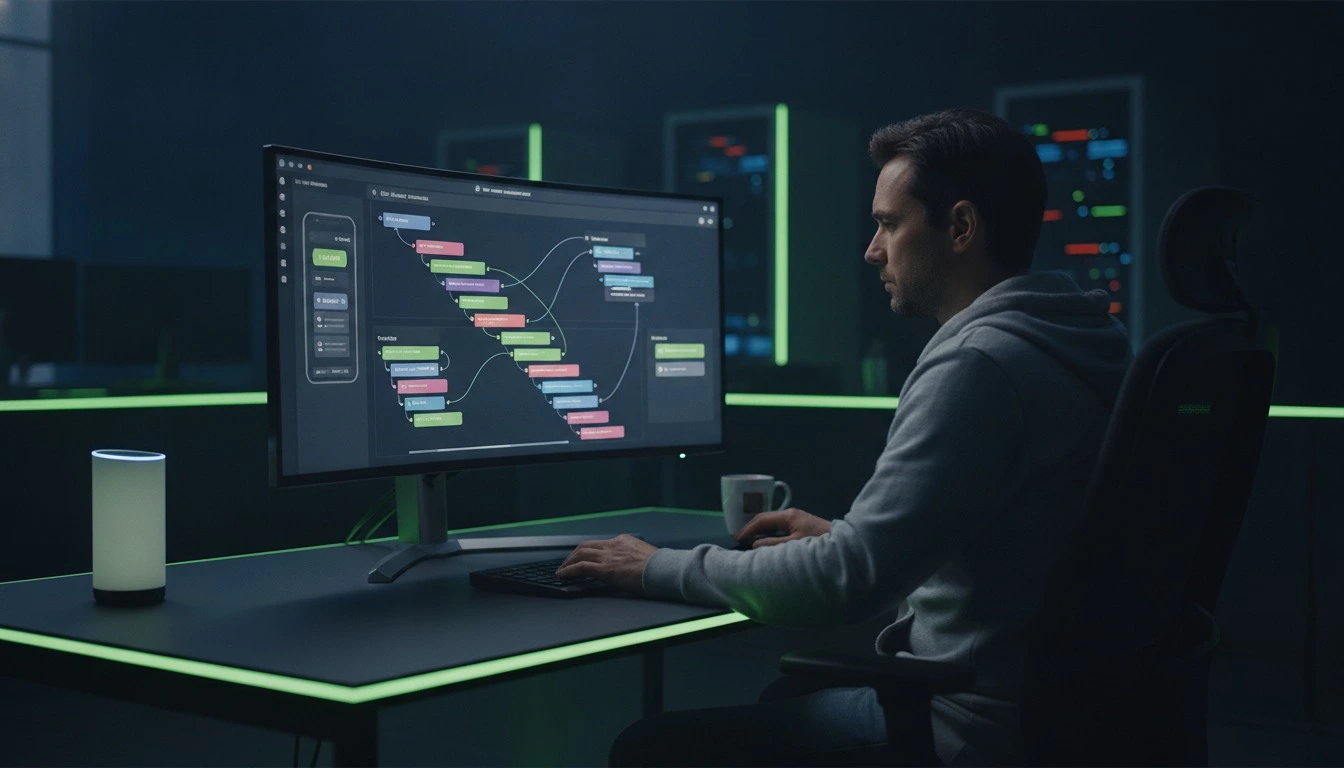 FlutterFlow developer building a mobile app visually using a drag-and-drop interface with connected logic workflow nodes