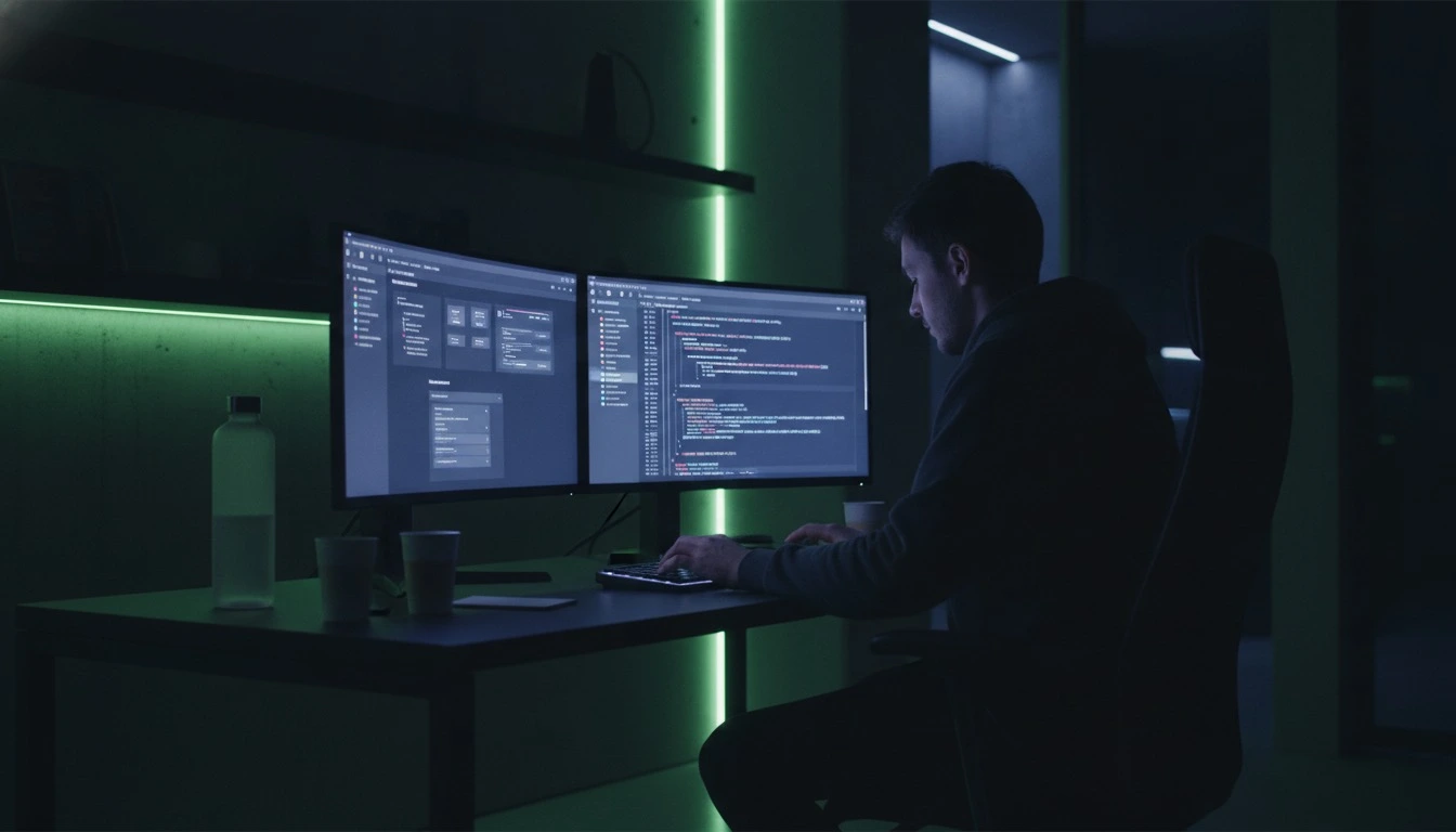 Full stack developer working with frontend UI code on one monitor and backend API and database schema code on another