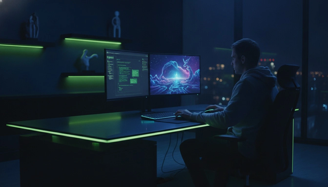 Generative AI developer working with a chat-based AI assistant interface and generative model output on dual monitors