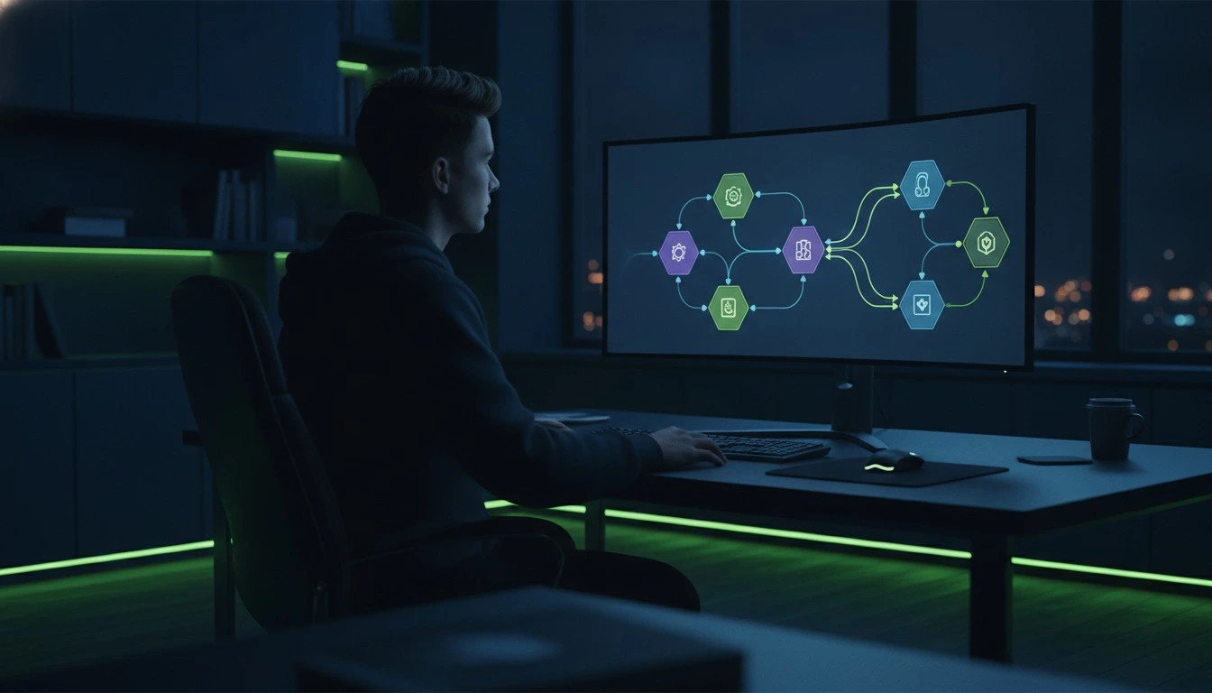 LangChain developer building an AI agent orchestration pipeline with connected workflow nodes on screen