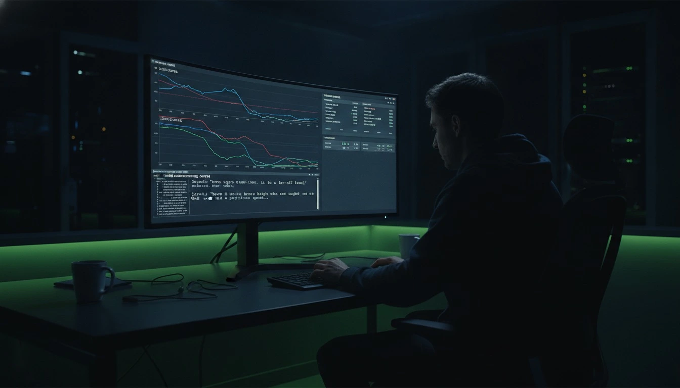 LLM developer reviewing model training metrics, loss curves, and token generation output on screen