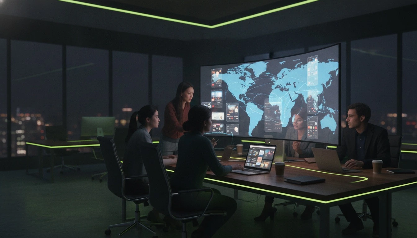 A team of mobile app developers collaborating on multiple mobile app UI screens with a global world map overlay suggesting international delivery