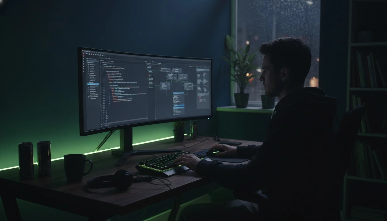PHP developer working with server-side code and a MySQL database schema diagram on screen