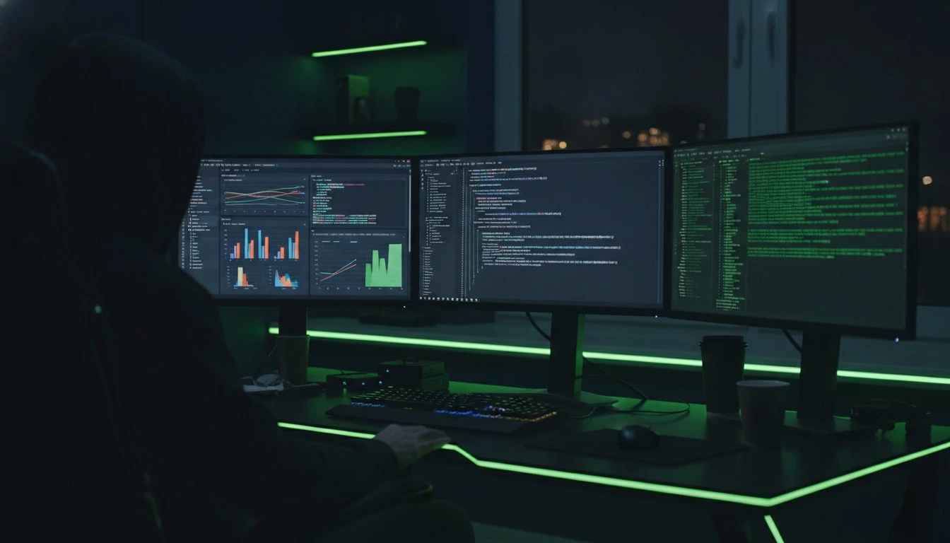 Python developer working with code, a Jupyter notebook showing data charts, and a terminal running scripts
