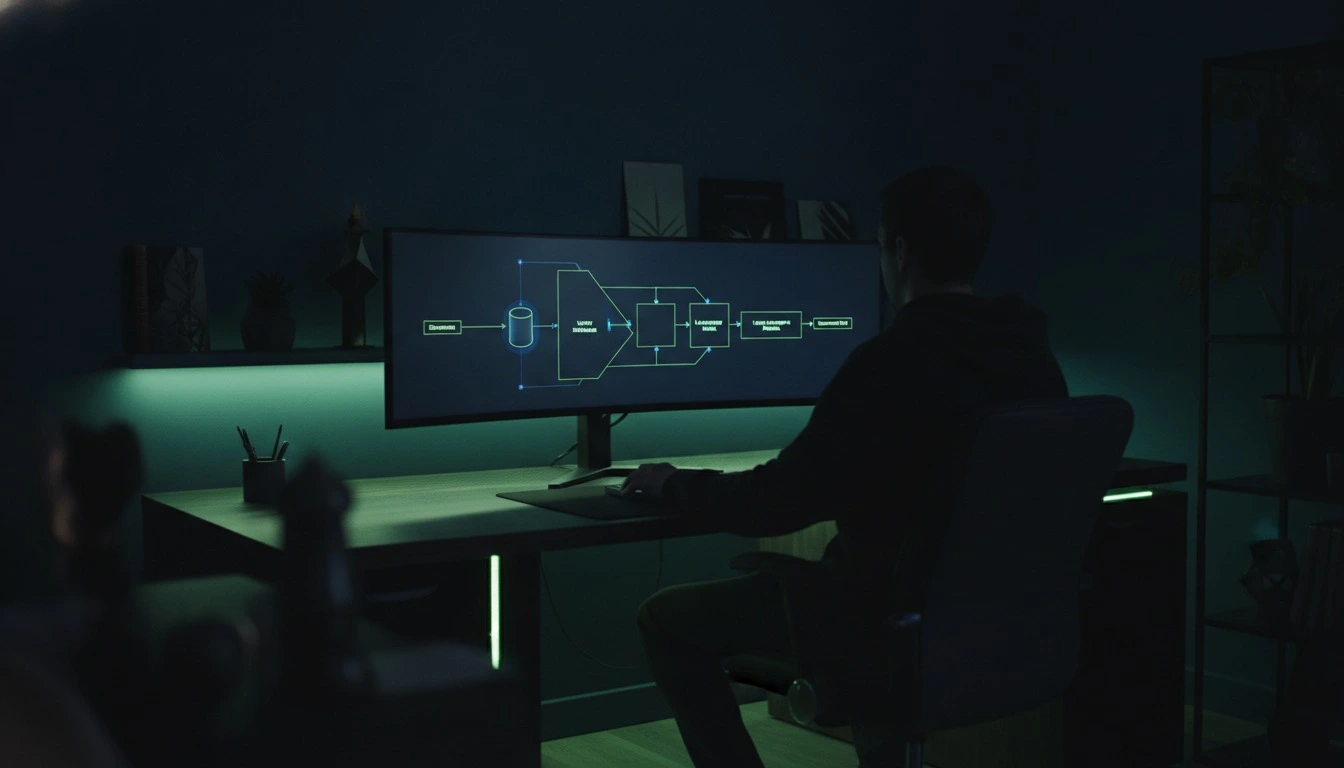 RAG developer working with a retrieval-augmented generation pipeline diagram connecting documents, a vector database, and an LLM