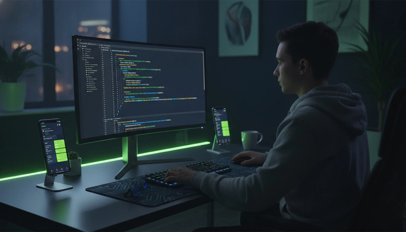 React Native developer working with JavaScript code and a cross-platform mobile app running on both an iPhone and Android device