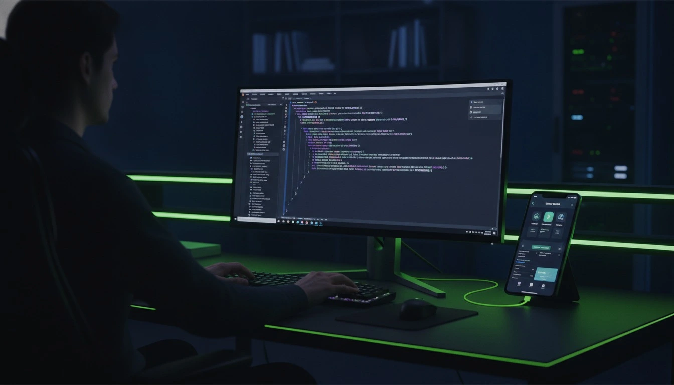 iOS developer working with Swift code in Xcode and an iPhone app UI preview on a connected device