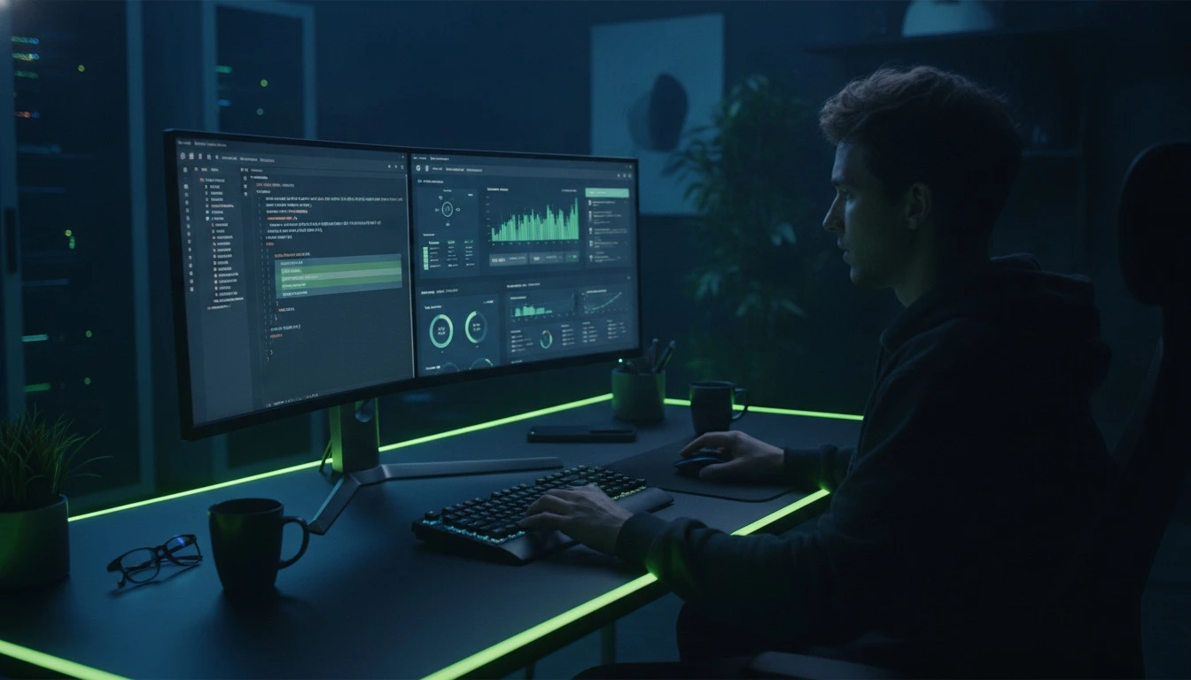 Vue.js developer working with component code and a reactive web dashboard interface on screen