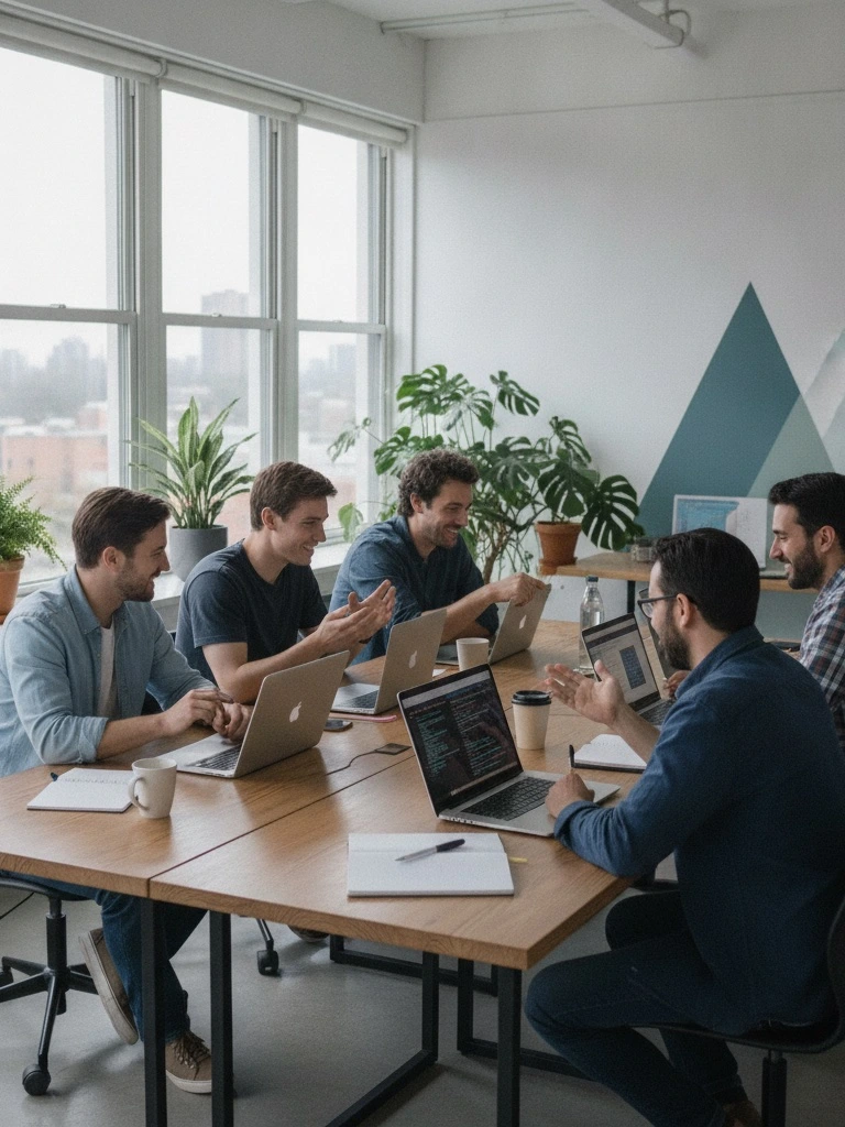 Dedicated software development team collaborating in a modern office