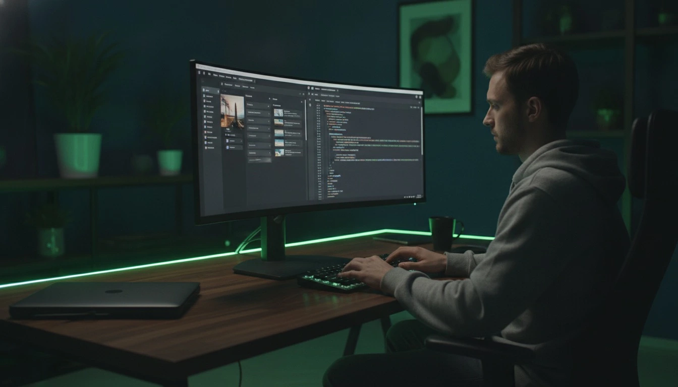 WordPress developer working with a website builder dashboard and PHP theme and plugin code side by side
