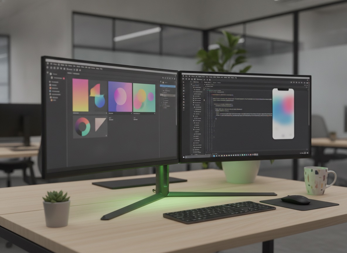 A developer's workspace showing design and code, representing Apptechies' industrial training tracks