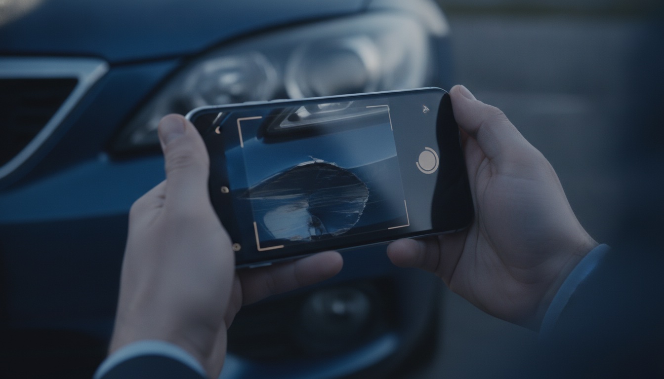 An insurance policyholder submitting a photo of a vehicle damage claim using a mobile smartphone app