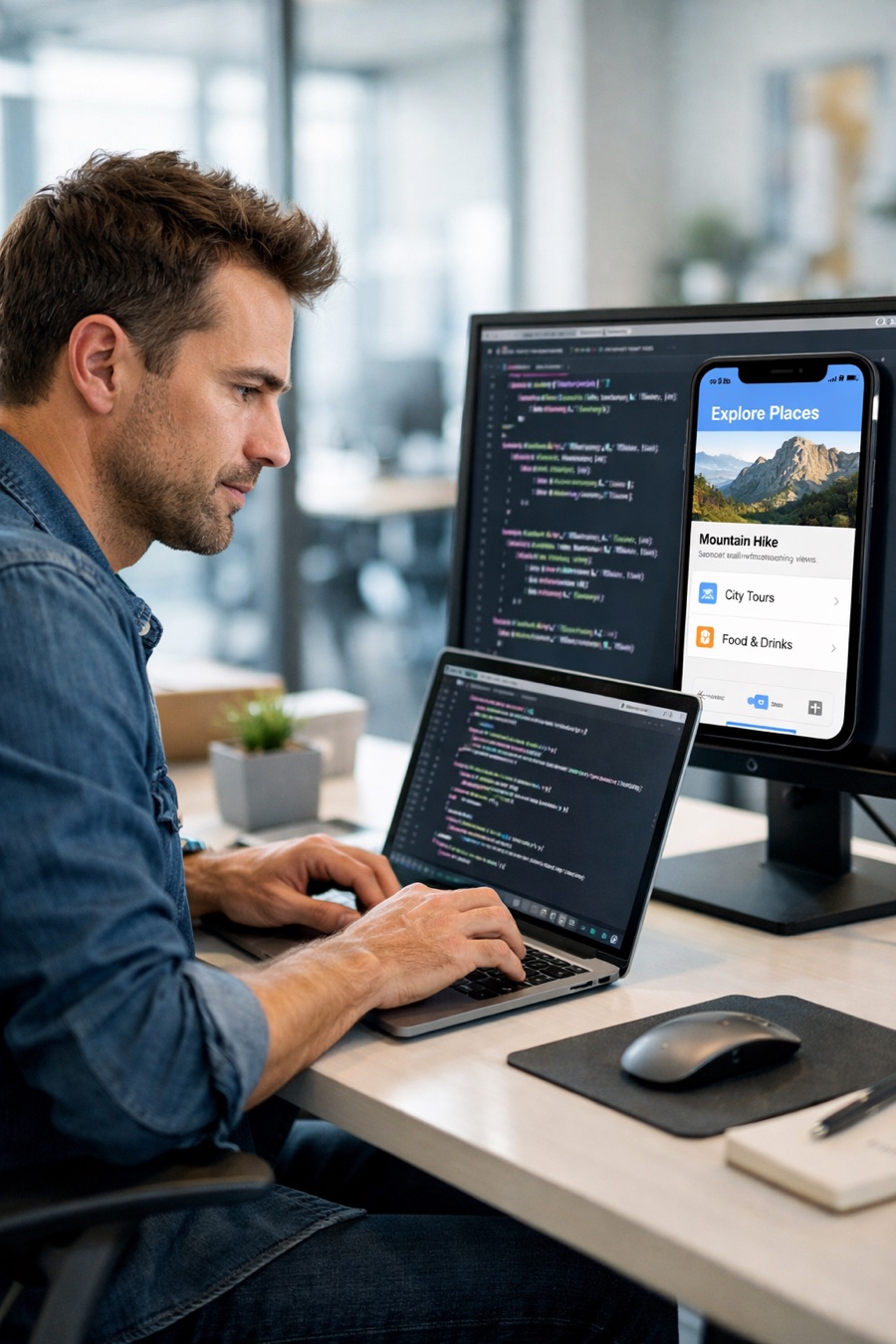 iOS engineer writing Swift code with an iPhone simulator on screen
