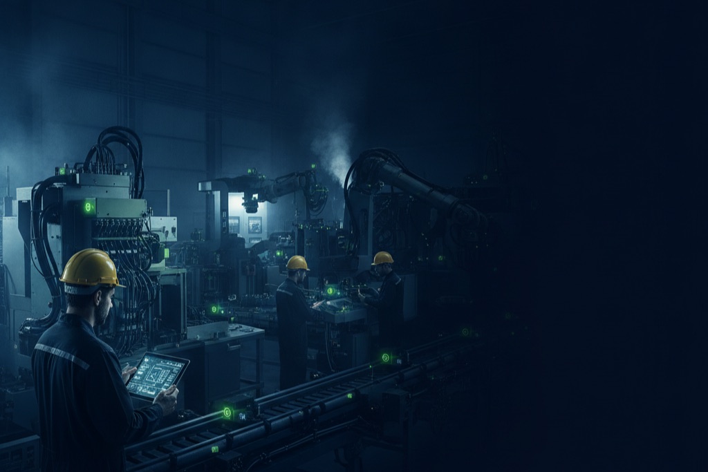 Factory floor with connected IoT sensors on industrial machinery