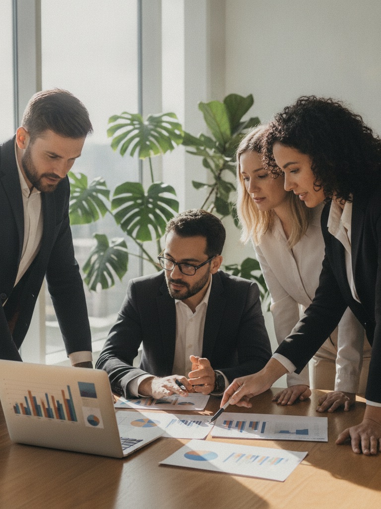 IT consulting team collaborating on a client strategy review