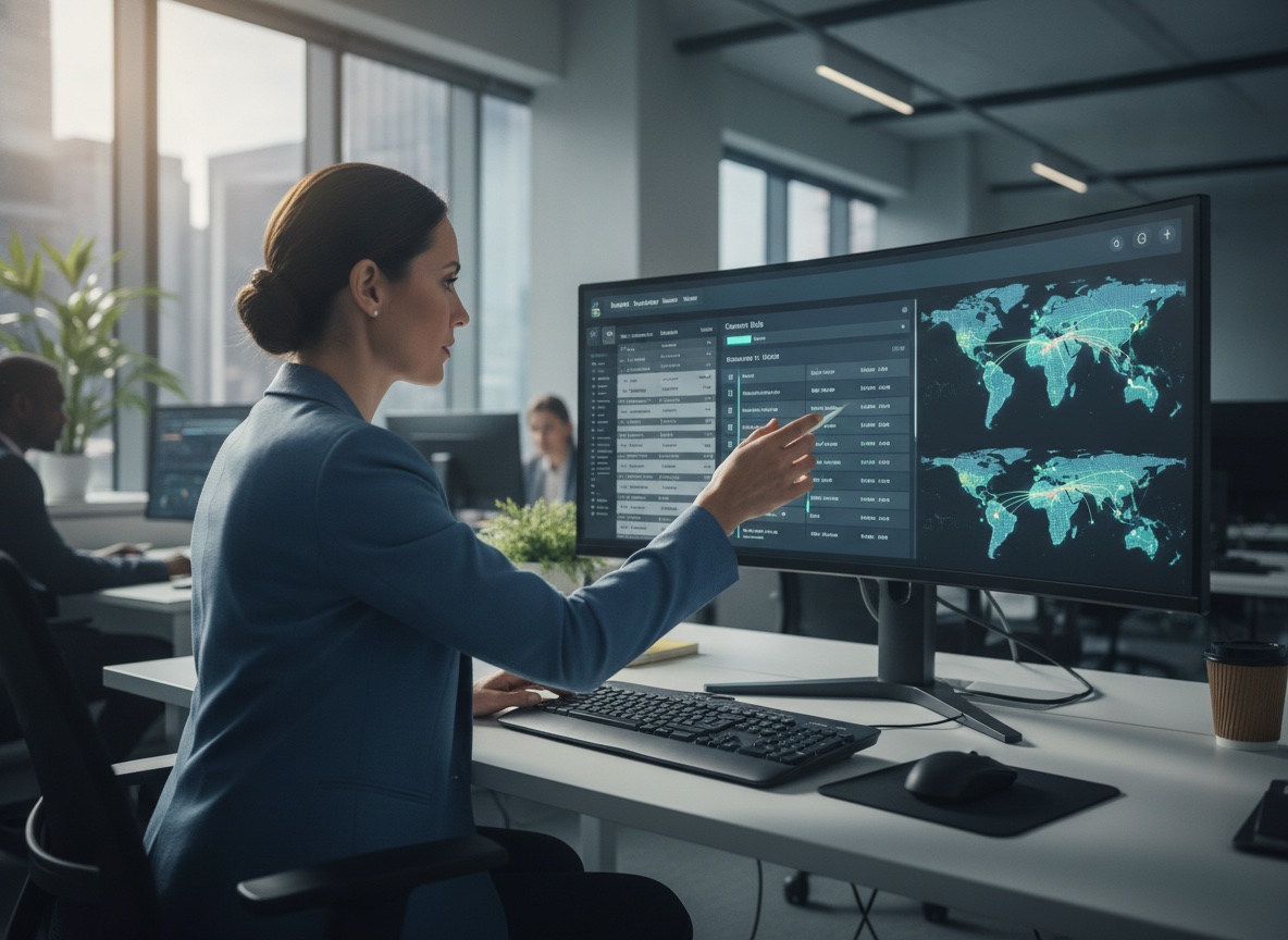 A dispatcher reviewing a freight and carrier marketplace matching dashboard on a widescreen monitor, showing available loads, carrier bids, and route maps