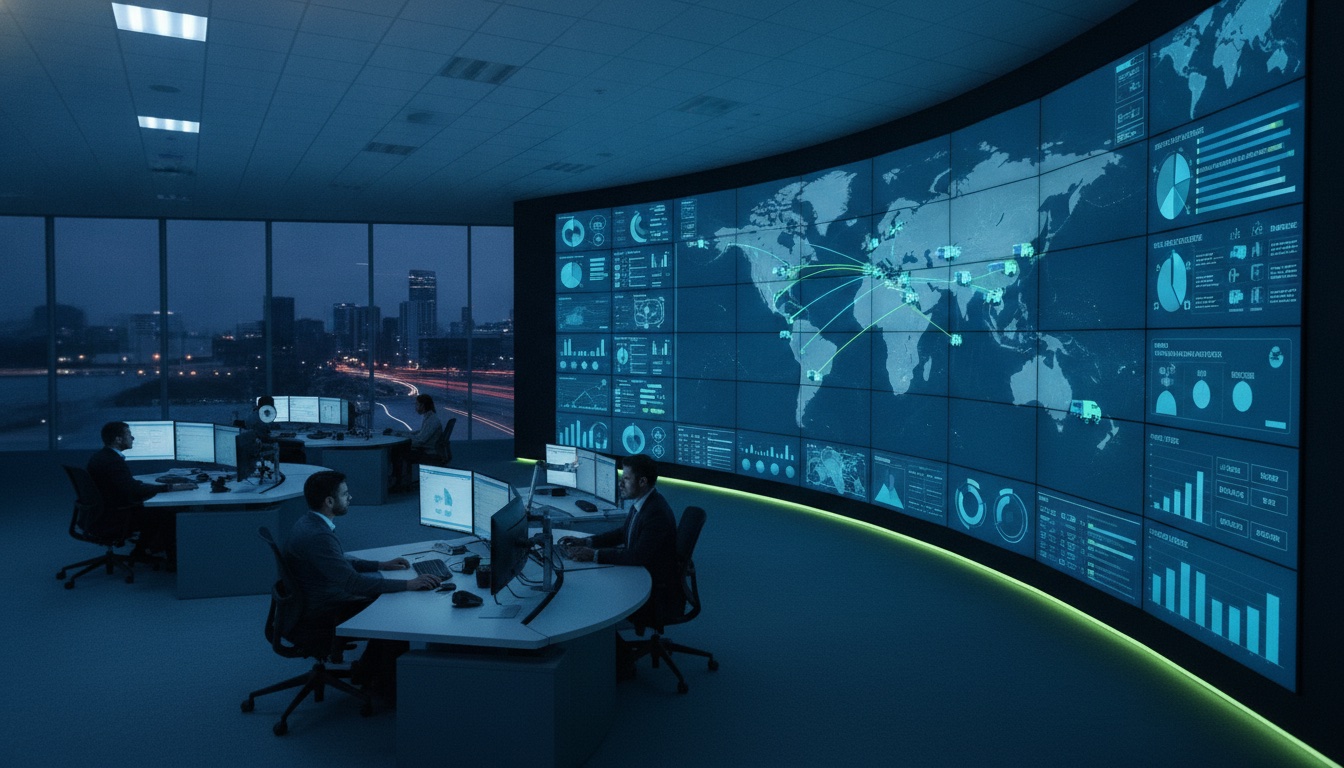 A logistics fleet-management control room with dispatchers at workstations facing a wall of large screens displaying live GPS fleet-tracking maps and route data