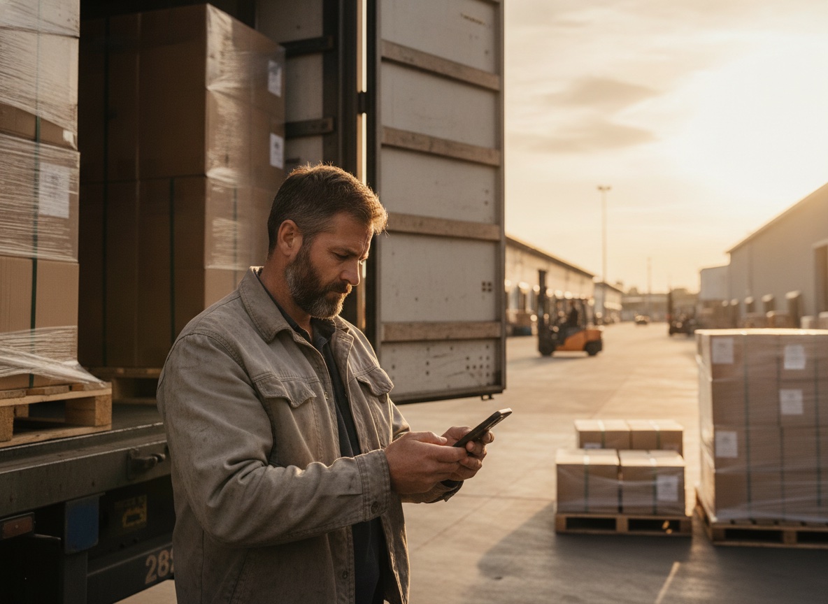 A truck driver at a warehouse loading dock checking a digital load manifest on a smartphone, with stacked pallets visible in the trailer