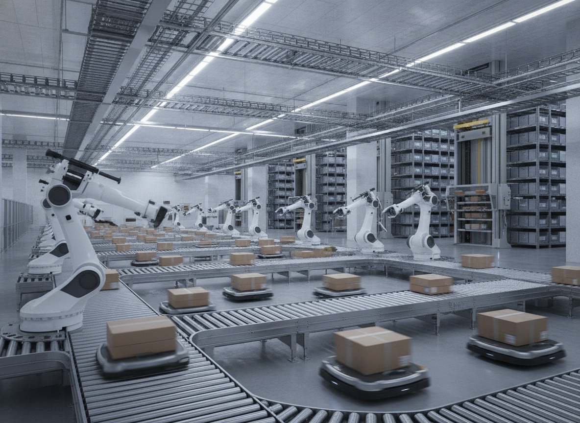 A modern automated warehouse fulfillment center with robotic sorting arms and autonomous guided vehicles moving packages along conveyor belts