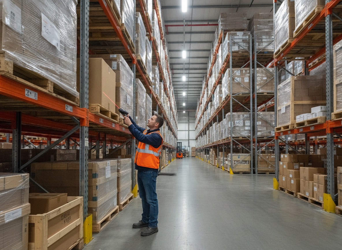 A warehouse worker in a high-visibility vest using a handheld barcode scanner among tall stacked pallets of freight