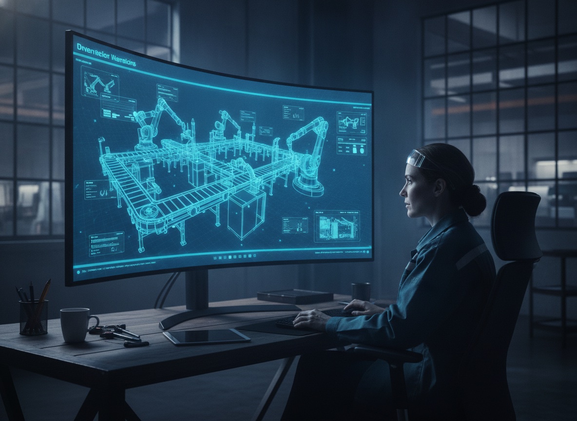 Engineer viewing a 3D digital twin visualization of a factory production line on a large screen