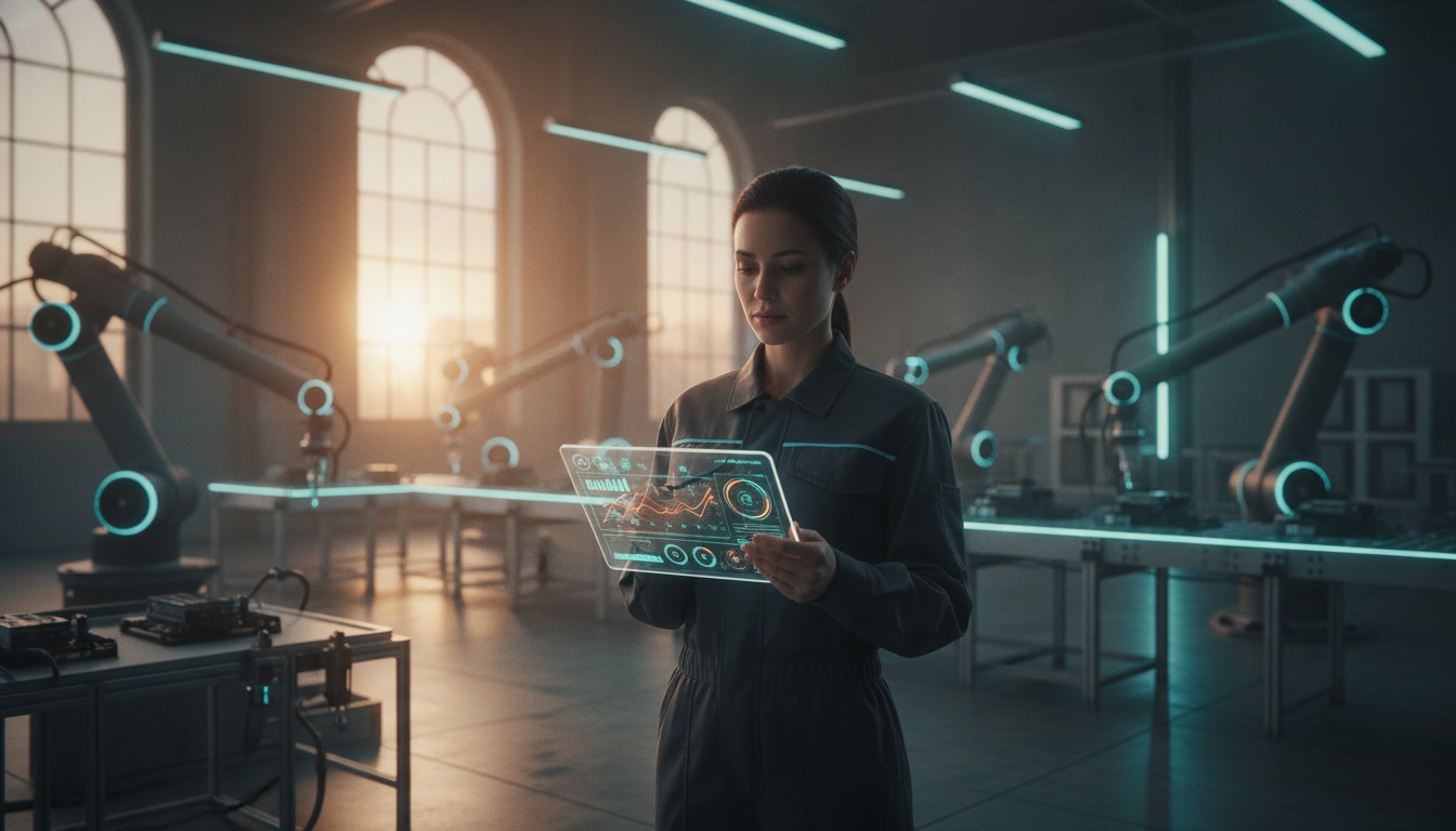 Industrial engineer on a modern factory floor reviewing real-time production data on a tablet, with connected smart-factory machinery in the background