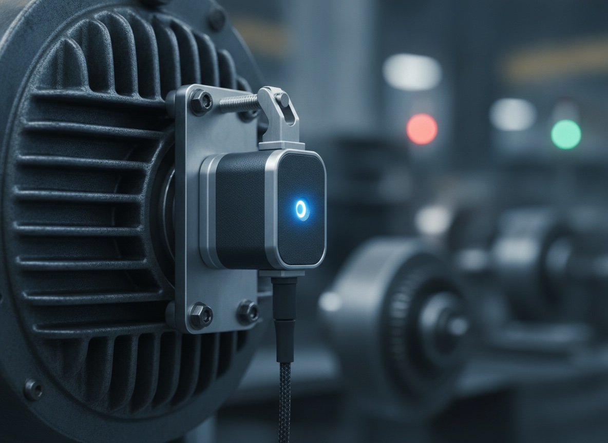 Close-up of a wireless IoT vibration and temperature sensor mounted on industrial machinery on a factory production line