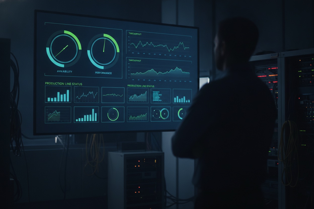 Wall-mounted plant control room dashboard displaying real-time OEE, throughput, and downtime metrics for multiple production lines