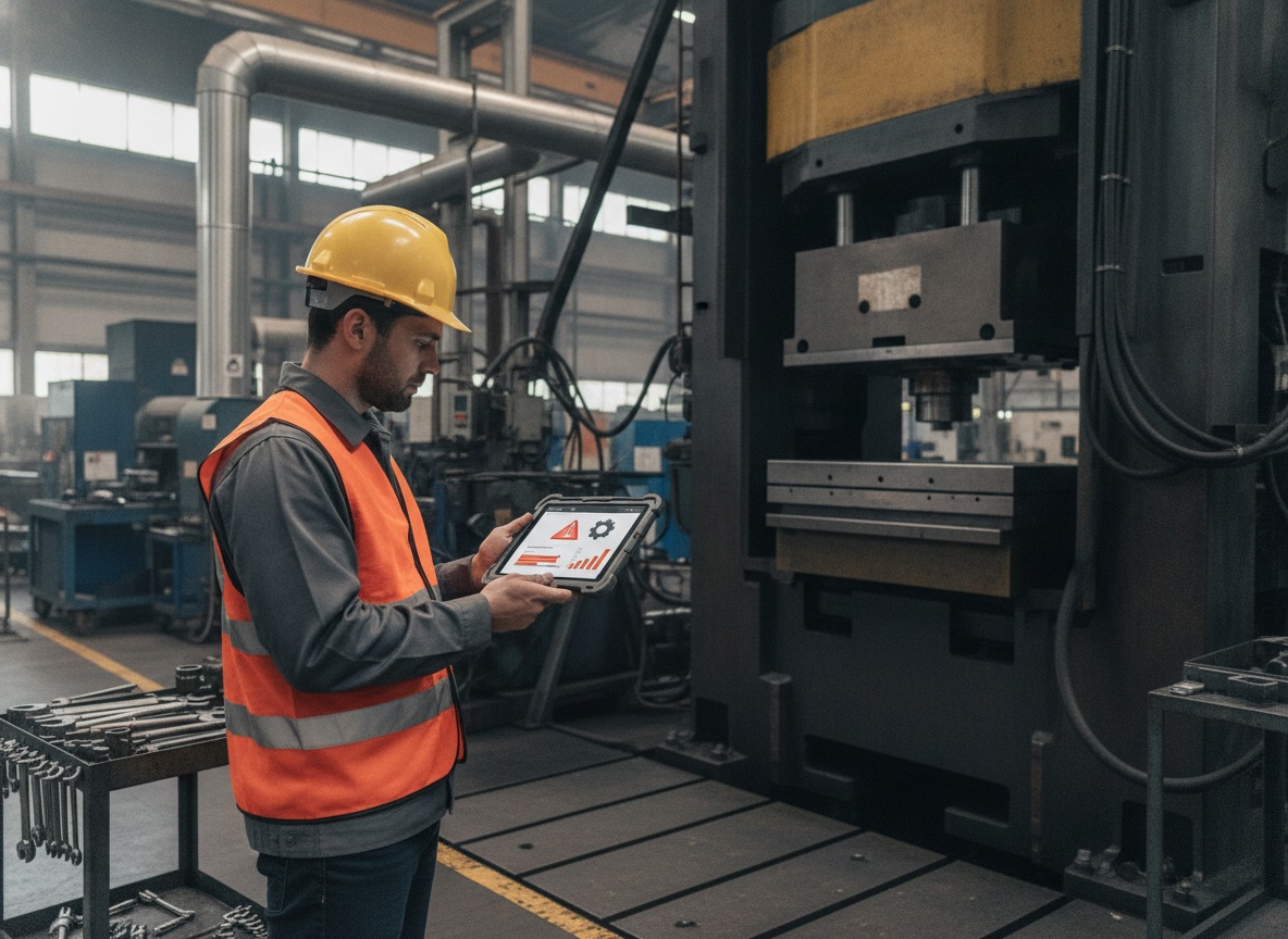 Maintenance technician on the plant floor viewing a predictive-maintenance failure-risk alert on a rugged tablet next to industrial equipment
