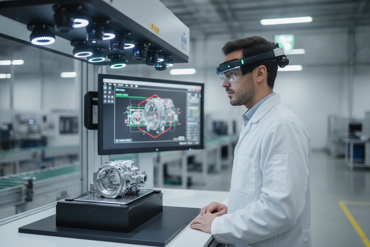 Quality control inspector using an AI-powered vision inspection camera system to check manufactured parts on a production line