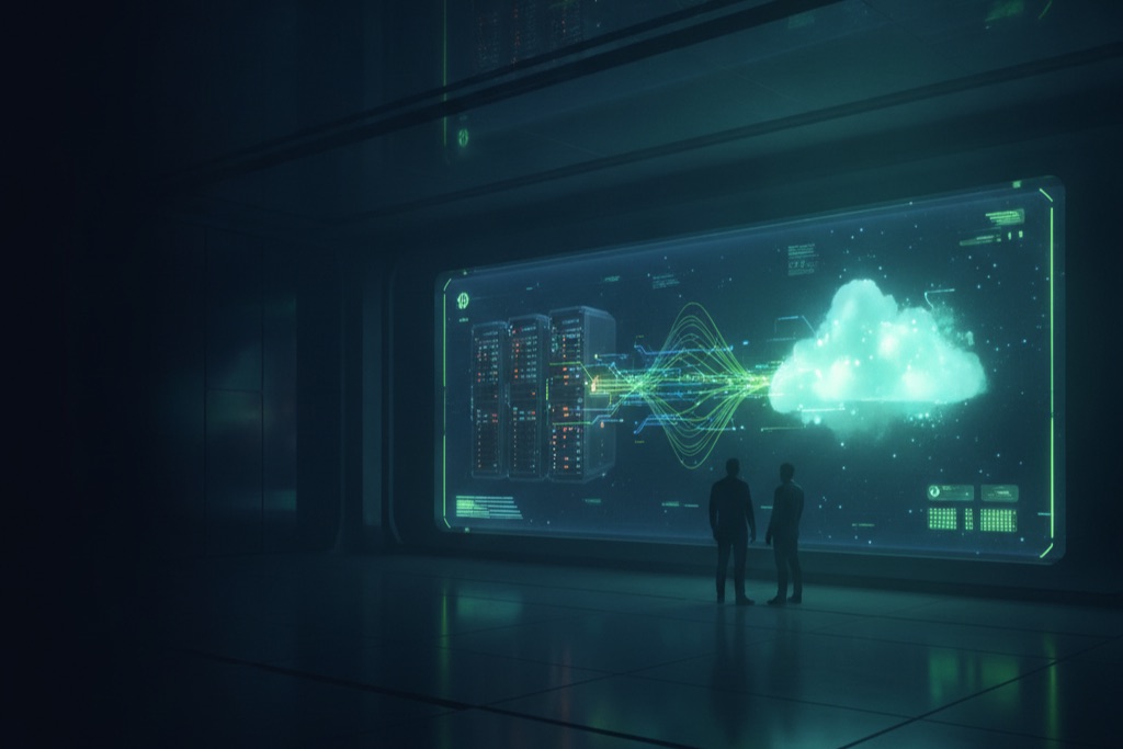 Cloud migration services: data flowing from on-premises servers to the cloud