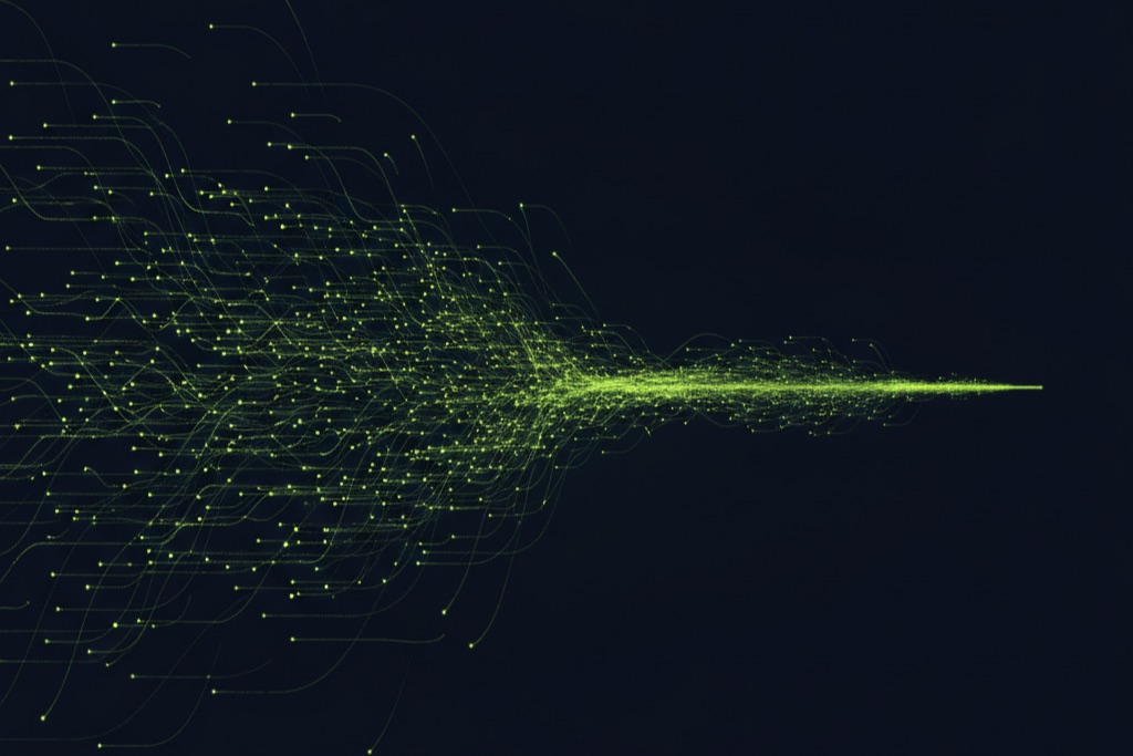 Abstract data streams converging, representing successful cloud migration
